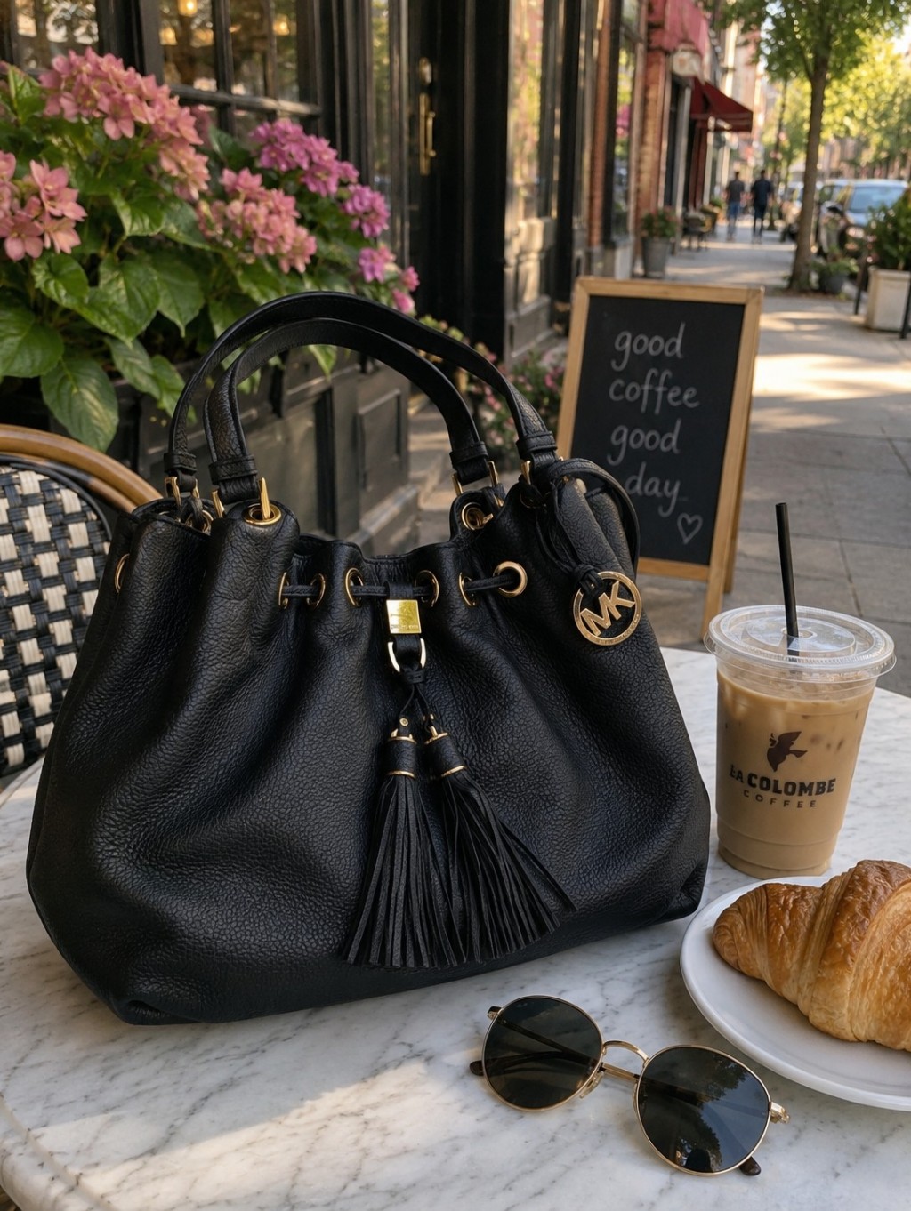 Michael Kors Navy Pebbled Leather Tassel Hobo With Gold Accents